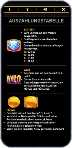 Immortal Ways Diamonds Auszahlungstabelle mit Symbolen und Gewinnwerten