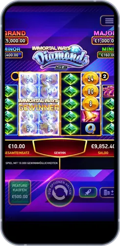Immortal Ways Diamonds Gewinner-Bildschirm mit Multiplikator-Auszahlung