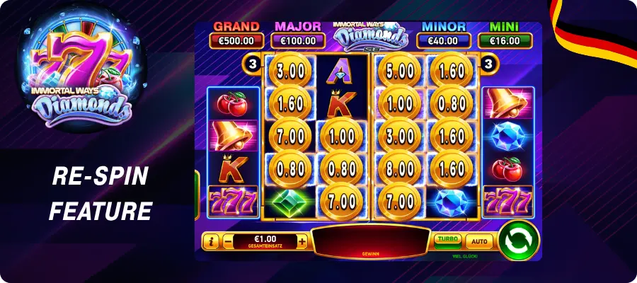 Immortal Ways Diamonds Slot – Re-Spin Feature mit gefüllten Coin-Positionen